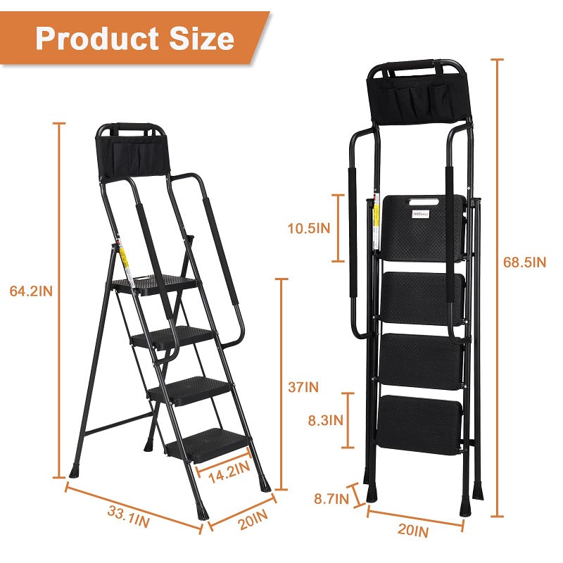 HBTower Step Ladder with Handrails, Folding Step Stool with Attachable Tool Bag & Anti-Slip Wide Pedal for Home Kitchen Pantry Office, Black - Image 5