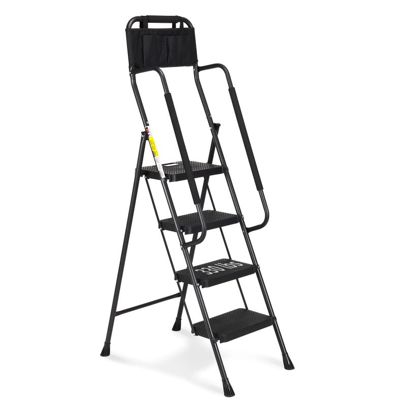 HBTower Step Ladder with Handrails, Folding Step Stool with Attachable Tool Bag & Anti-Slip Wide Pedal for Home Kitchen Pantry Office, Black - Image 1