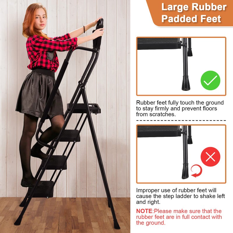 HBTower Step Ladder with Handrails, Folding Step Stool with Attachable Tool Bag & Anti-Slip Wide Pedal for Home Kitchen Pantry Office, Black - Image 4