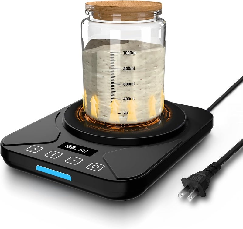 FJR Sourdough Starter Warmer Mat - 24H Timer - Precise 1°F Thermostat Control (70-100°F) - Smart Memory Warming On/Off - Fits Jars Up to 40oz - Perfect for Home Baking (Black) - Image 1