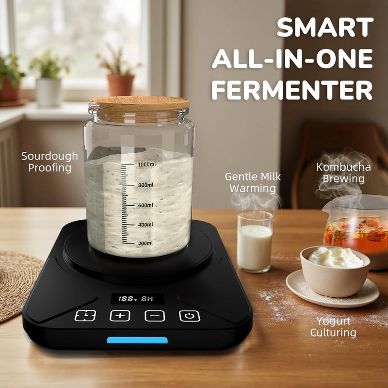 FJR Sourdough Starter Warmer Mat - 24H Timer - Precise 1°F Thermostat Control (70-100°F) - Smart Memory Warming On/Off - Fits Jars Up to 40oz - Perfect for Home Baking (Black) - Image 5