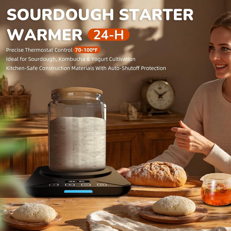 FJR Sourdough Starter Warmer Mat - 24H Timer - Precise 1°F Thermostat Control (70-100°F) - Smart Memory Warming On/Off - Fits Jars Up to 40oz - Perfect for Home Baking (Black) - Image 2