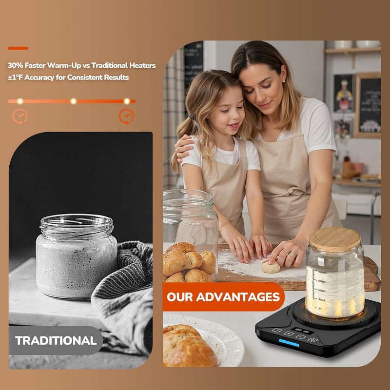 FJR Sourdough Starter Warmer Mat - 24H Timer - Precise 1°F Thermostat Control (70-100°F) - Smart Memory Warming On/Off - Fits Jars Up to 40oz - Perfect for Home Baking (Black) - Image 3