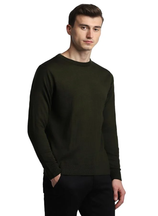 Dennis Lingo Olive Regular Fit Sweater for Men - 100% Acrylic, Solid, Round Neck, Full Sleeves, Casual,