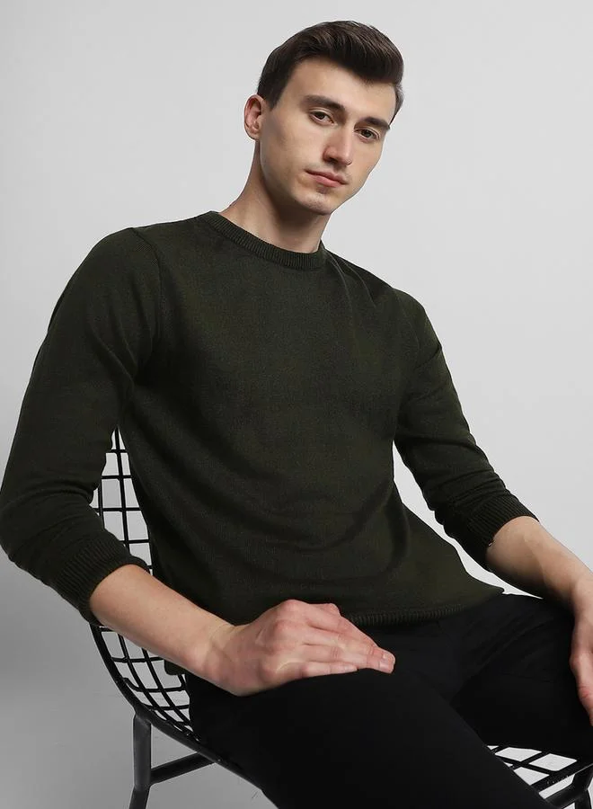 Dennis Lingo Olive Regular Fit Sweater for Men - 100% Acrylic, Solid, Round Neck, Full Sleeves, Casual,