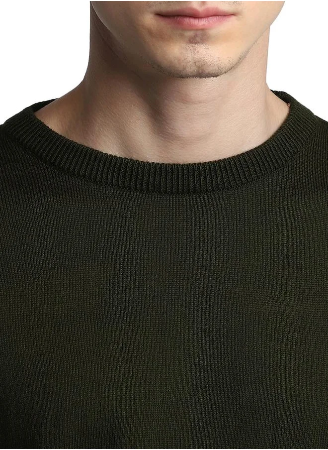 دينيس لينغو Olive Regular Fit Sweater for Men - 100% Acrylic, Solid, Round Neck, Full Sleeves, Casual