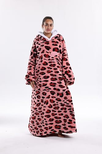 Capecage Wearable Blanket, Long Blanket Hoodie as Gifts for Women Men, Long Hooded Blanket for Men Women Blanket Hoodies (Pink Leopard Print) - Image 1