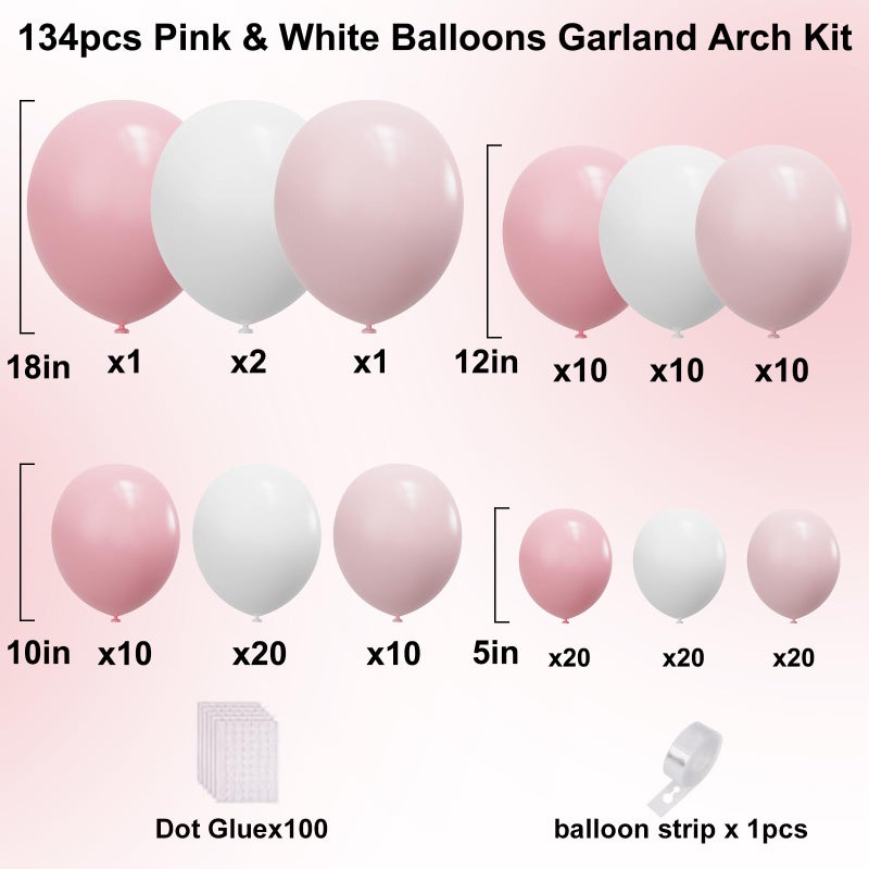 YMSZ Pink and White Balloons Arch Kit, 134pcs Light Pink and White Balloons for Wedding, Bridal Shower, Baby Shower, Birthday, Valentines Party Decorations - Image 2