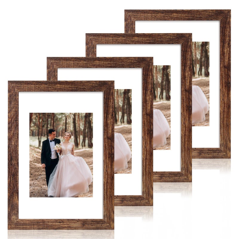 iRahmen 8x12 Picture Frame Set of 4 with High Definition Real Glass  Display 6x8 Pictures with Mat or 8 x 12 Without Mat  Rustic Wood Photo Frames for Tabletop and Wall Mounting - Image 1