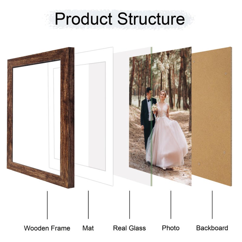 iRahmen 8x12 Picture Frame Set of 4 with High Definition Real Glass  Display 6x8 Pictures with Mat or 8 x 12 Without Mat  Rustic Wood Photo Frames for Tabletop and Wall Mounting - Image 3