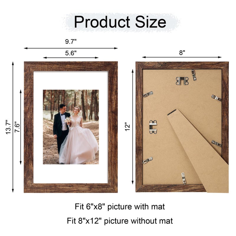 iRahmen 8x12 Picture Frame Set of 4 with High Definition Real Glass  Display 6x8 Pictures with Mat or 8 x 12 Without Mat  Rustic Wood Photo Frames for Tabletop and Wall Mounting - Image 4