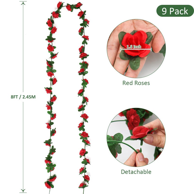 KHOYIME 9 Pack 72 FT Artificial Flower Garland, Fake Red Roses Vines Silk Flowers Faux Plastic Outdoor Hanging Floral Ivy Garland Decoration for Wedding Arch Bedroom Home Wall Backdrop Room Decor - Image 3