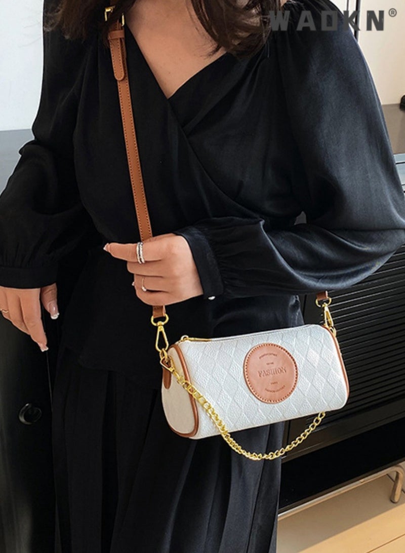دبليو أيه أو كي أن المرأة الرجعية حقيبة الكتف أسطواني، السيدات المألوف عارضة حقيبة يد حمل حقيبة حمل الحقائب، العصرية ومتعددة الاستخدامات على النقيض من سلسلة حقيبة كروسبودي حبال حقيبة (الأبيض والبني)  - Image 2