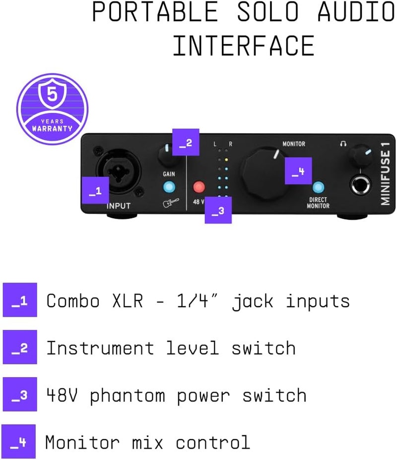 Arturia MiniFuse 1 USB-C Audio Interface - Black 1-in/2-out with Mic/Line/Instrument Preamp and Software Suite for Mac/PC - Image 4