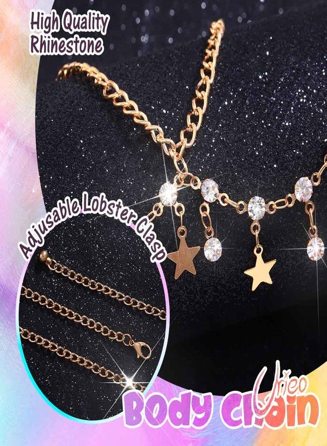 اوريو سلسلة خصر مرصعة بأحجار الراين من Urieo Boho، سلسلة بطن ذهبية على شكل نجمة، مجوهرات جسم كريستالية صيفية للشاطئ للنساء - Image 2