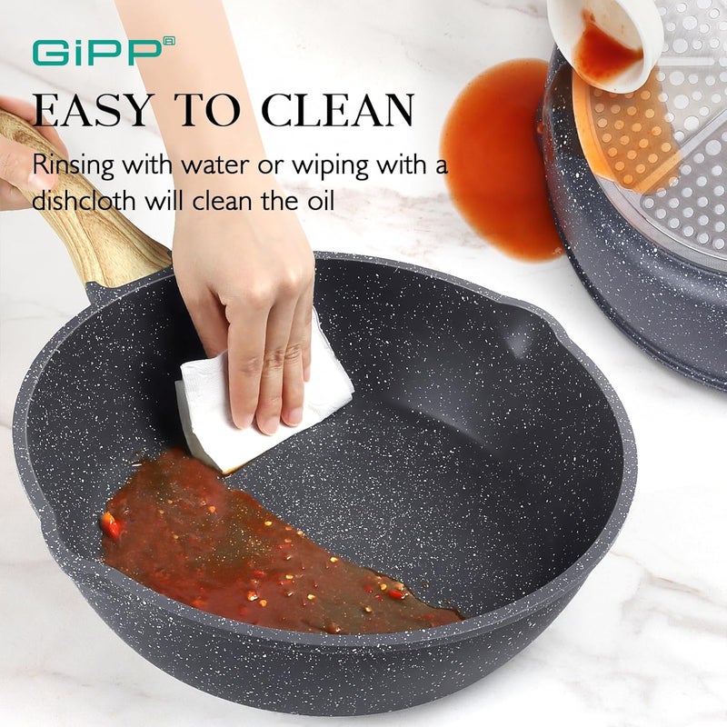 GIPP مقلاة عميقة غير لاصقة من ، مقلاة 28 سم للعمل، أواني طهي جرانيتية للحث، مقلاة سوتيه غير لاصقة مع غطاء، خالية من PFOA وPFOS وAPEO، رمادي - Image 4