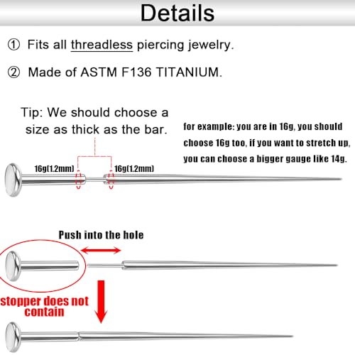 PunkTracker 14g/16g/18g/20g ASTM F136 Titanium Piercing Kit Taper Insertion Pin for Threadless Push In Tragus Helix Lip Nose Helix Piercing Jewelry Cartilage Earrings Labret Studs Nose Stud Stretcher - Image 4