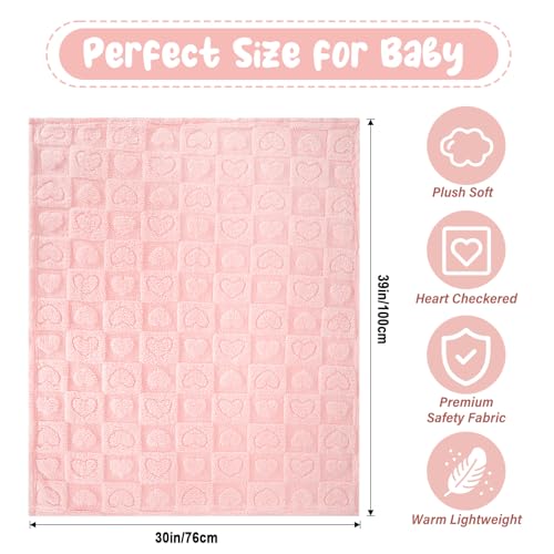 VEIDIA Plush Soft with Heart Checkered Baby Blanket,Fleece Infant Toddler Blankets for Girls Boys,Warm Lightweight Breathable Newborn Receiving Blankets for Crib Stroller 30"×39" (Light Pink, Heart) - Image 5