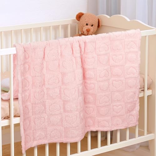 VEIDIA Plush Soft with Heart Checkered Baby Blanket,Fleece Infant Toddler Blankets for Girls Boys,Warm Lightweight Breathable Newborn Receiving Blankets for Crib Stroller 30"×39" (Light Pink, Heart) - Image 2