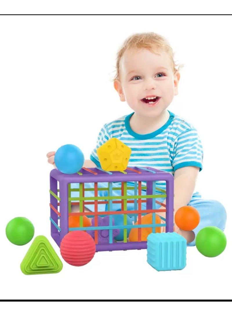 Baby Shape Sorting Cube with  Shape Blocks, Sensory Bin with Colorful Elastic Rope for Toddlers, Babies and Kids Early Educational Montessori Learning Developmental STEM Toys  - Image 1
