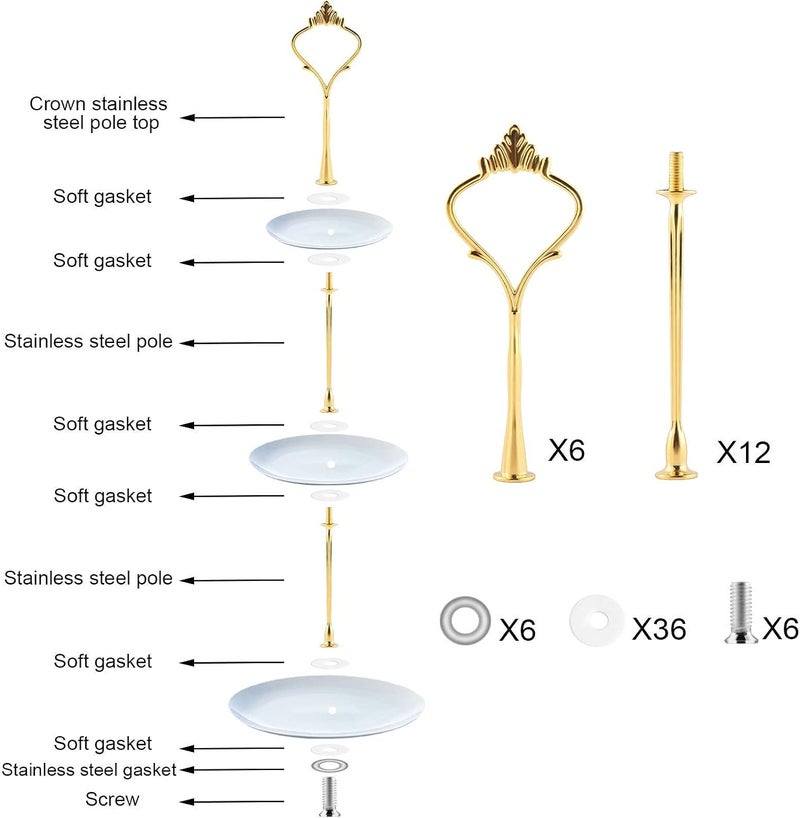 Moocci 3 Tier Cake Stand Hardware Tiered Tray Hardware, 6 Sets Cake Stand Fittings Hardware for Cake Stand Mold, Golden Crown, Decoration Accessories for Wedding Family Banquet - Image 4