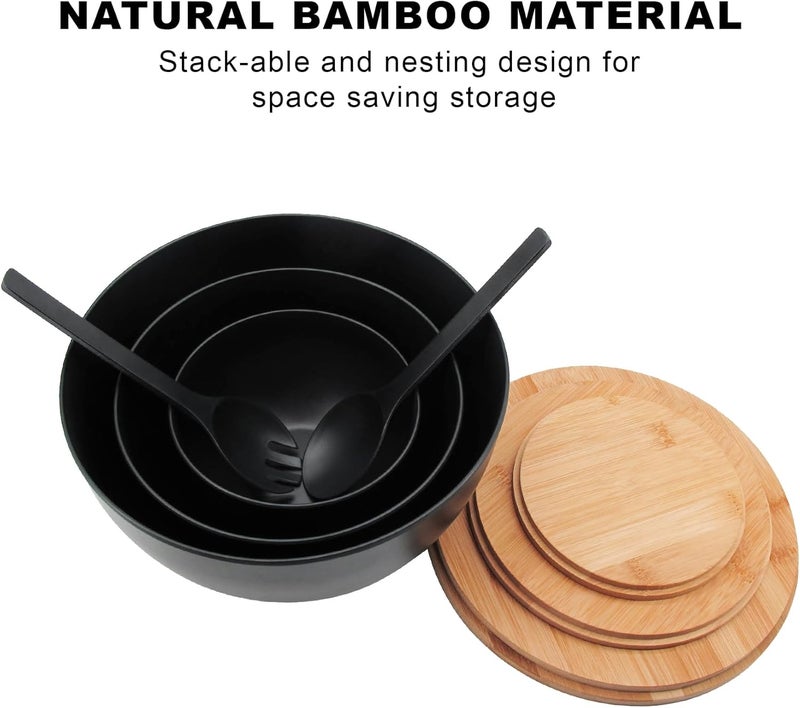 ECOWAY Salad Bowls Set of 3 with Lid & Serving Utensils, Bamboo Fiber Mixing Bowls Set Large Serving Bowls & Storage Set with Bamboo Lid for Salad, Kitchen Eating, Pasta, Popcorn, Chips, Fruit, Black - Image 4