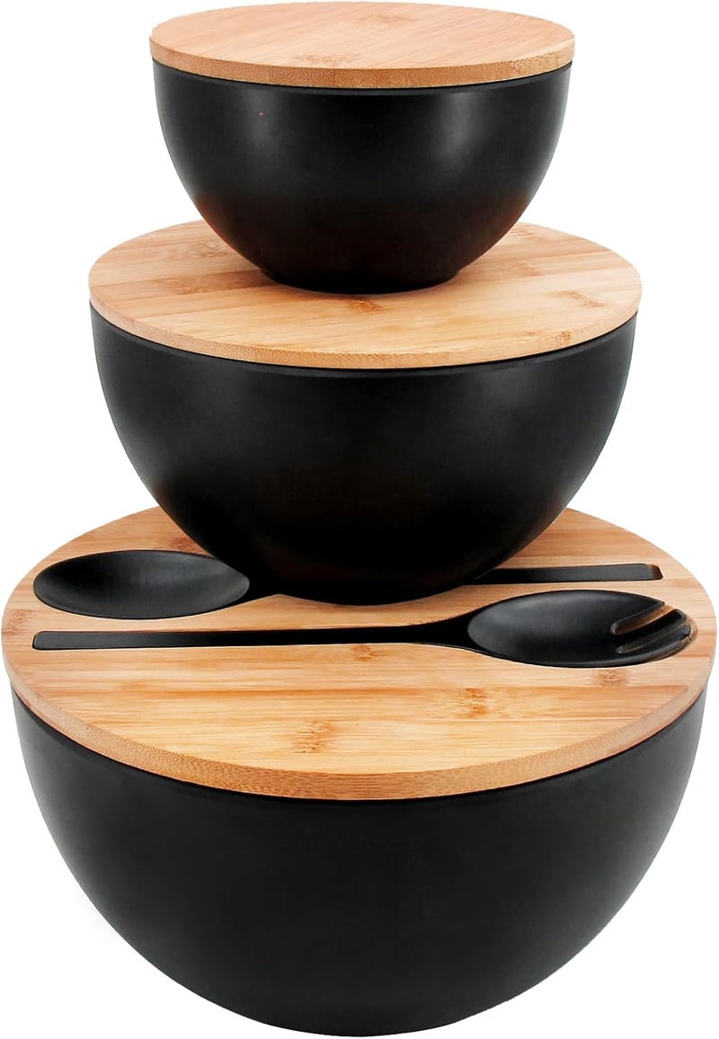 ECOWAY Salad Bowls Set of 3 with Lid & Serving Utensils, Bamboo Fiber Mixing Bowls Set Large Serving Bowls & Storage Set with Bamboo Lid for Salad, Kitchen Eating, Pasta, Popcorn, Chips, Fruit, Black - Image 1