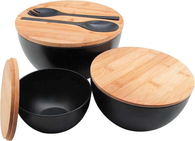 ECOWAY Salad Bowls Set of 3 with Lid & Serving Utensils, Bamboo Fiber Mixing Bowls Set Large Serving Bowls & Storage Set with Bamboo Lid for Salad, Kitchen Eating, Pasta, Popcorn, Chips, Fruit, Black - Image 2