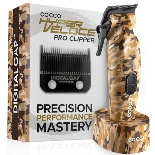 Cocco Hyper Veloce Pro Clipper, Digital Gap Ambassador Graphene Taper Blade Professional Hair Clippers, High-Torque BLDC Motor, All-Metal, Cordless, Charging Station Included (Camo) - Image 1
