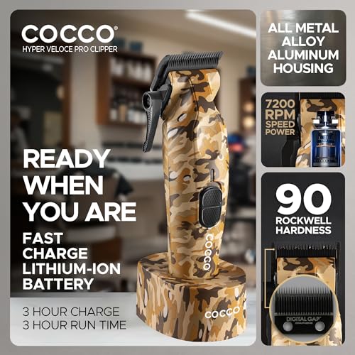 Cocco Hyper Veloce Pro Clipper, Digital Gap Ambassador Graphene Taper Blade Professional Hair Clippers, High-Torque BLDC Motor, All-Metal, Cordless, Charging Station Included (Camo) - Image 4