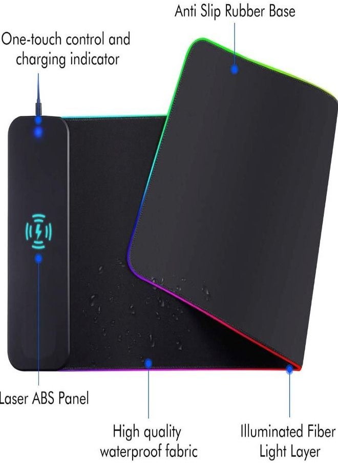 Generic - Wireless Charger Mouse Pad, 10W Extended RGB Mouse Pad Non-Slip Rubber Base 10 Lighting Modes, Qi Fast Charging Gaming Mousepad for Galaxy S10/S9/S8 Plus iPhone 11/12 Pro (Black) - Image 1