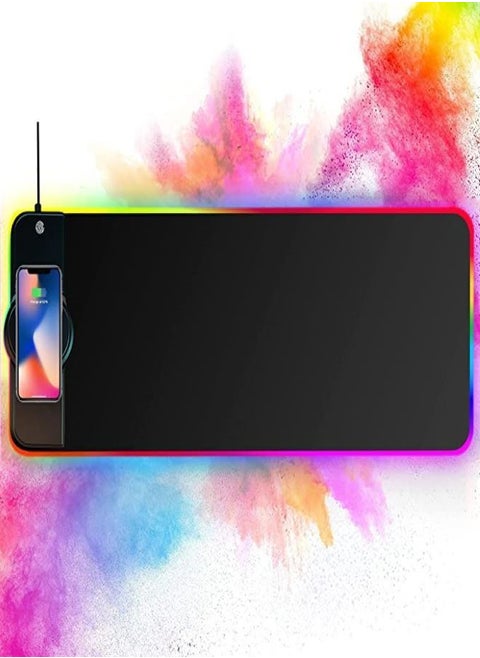 Wireless Charger Mouse Pad, 10W Extended RGB Mouse Pad Non-Slip Rubber Base 10 Lighting Modes, Qi Fast Charging Gaming Mousepad for Galaxy S10/S9/S8 Plus iPhone 11/12 Pro (Black)