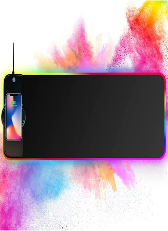 Generic - Wireless Charger Mouse Pad, 10W Extended RGB Mouse Pad Non-Slip Rubber Base 10 Lighting Modes, Qi Fast Charging Gaming Mousepad for Galaxy S10/S9/S8 Plus iPhone 11/12 Pro (Black) - Image 1