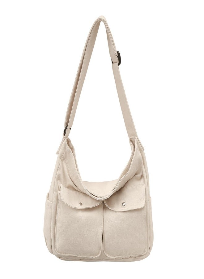 Youjaree Canvas Messenger Bag Large Hobo Crossbody Bag for Women and Men Canvas Shoulder Tote Bag with Multiple Pockets for Work (Beige) - Image 1