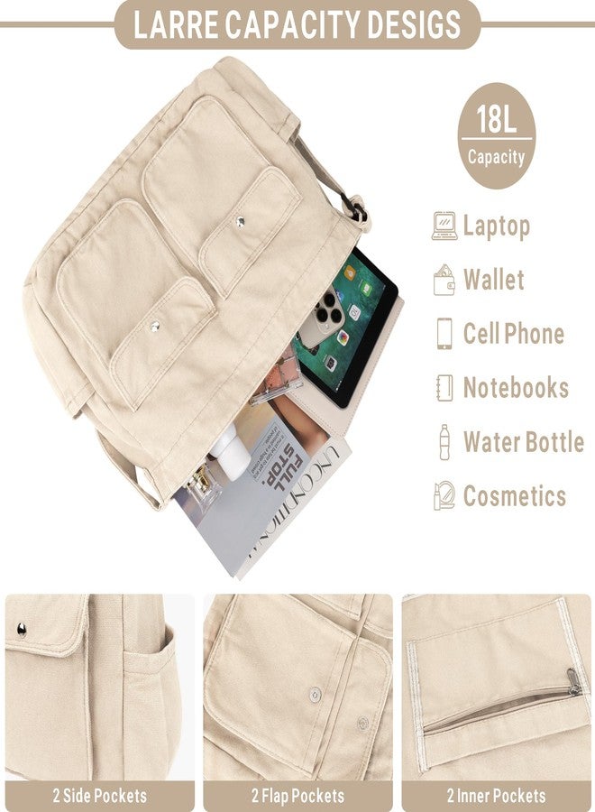 Youjaree Canvas Messenger Bag Large Hobo Crossbody Bag for Women and Men Canvas Shoulder Tote Bag with Multiple Pockets for Work (Beige) - Image 4