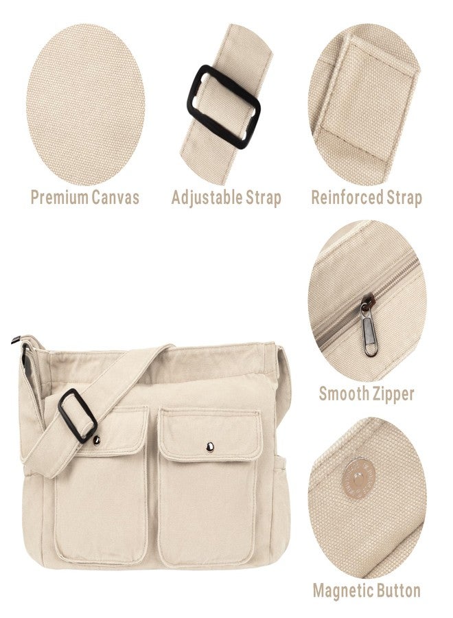 Youjaree Canvas Messenger Bag Large Hobo Crossbody Bag for Women and Men Canvas Shoulder Tote Bag with Multiple Pockets for Work (Beige) - Image 3