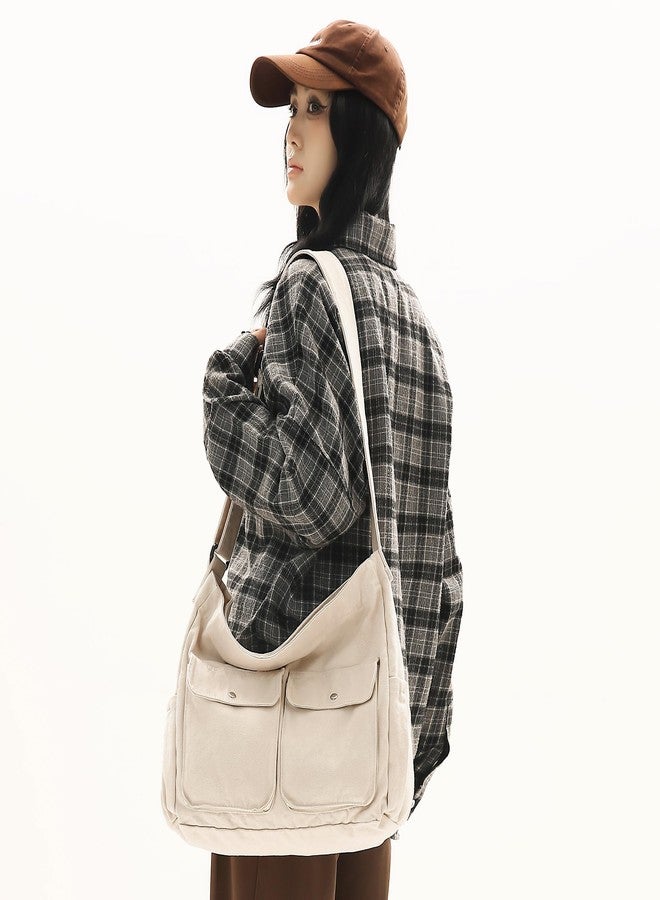 Youjaree Canvas Messenger Bag Large Hobo Crossbody Bag for Women and Men Canvas Shoulder Tote Bag with Multiple Pockets for Work (Beige) - Image 2