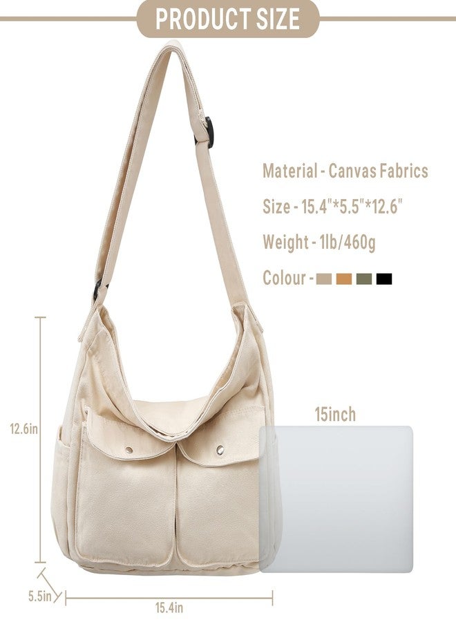 Youjaree Canvas Messenger Bag Large Hobo Crossbody Bag for Women and Men Canvas Shoulder Tote Bag with Multiple Pockets for Work (Beige) - Image 5