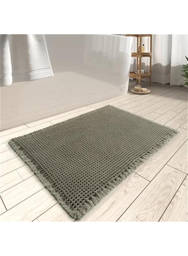 Upgraded Waffle Bath Mat, Super Absorbent Non Slip Bath Mats for Bathroom Floor, Machine Washable Bathroom Rugs with Tassels, Rubber Backed Bathroom Mats, Ultra Soft, 18 x 30, Green  - Image 1