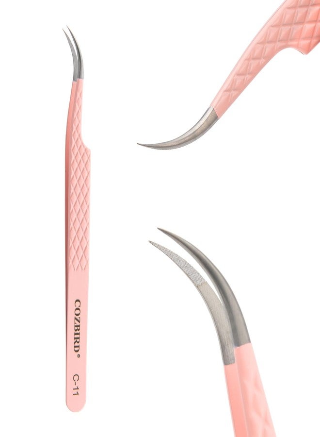 COZBIRD Fiber Tips Curved Versatile Tweezers for Eyelash Extensions Volume Lashes or Isolation Diamond Grip High Precision Stainless Steel Pink (C-11 - Image 1