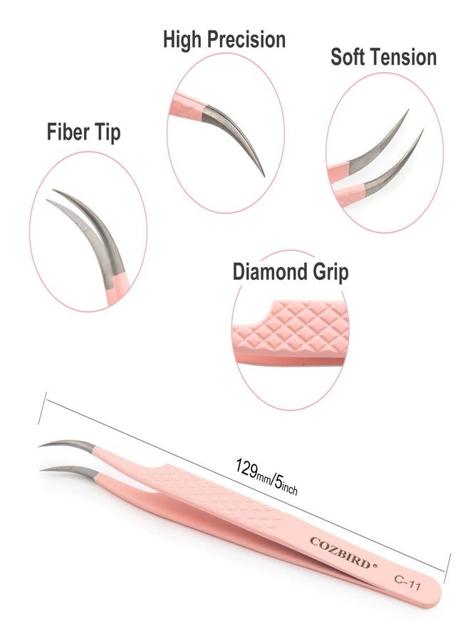 COZBIRD Fiber Tips Curved Versatile Tweezers for Eyelash Extensions Volume Lashes or Isolation Diamond Grip High Precision Stainless Steel Pink (C-11 - Image 3