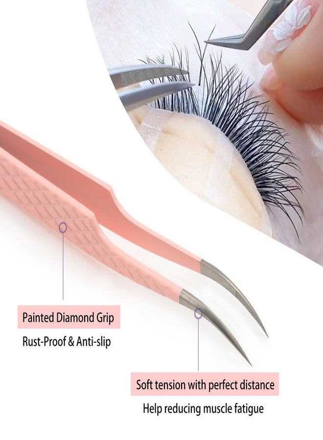 COZBIRD Fiber Tips Curved Versatile Tweezers for Eyelash Extensions Volume Lashes or Isolation Diamond Grip High Precision Stainless Steel Pink (C-11 - Image 4