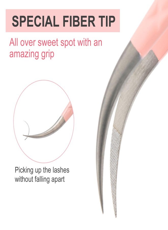 COZBIRD Fiber Tips Curved Versatile Tweezers for Eyelash Extensions Volume Lashes or Isolation Diamond Grip High Precision Stainless Steel Pink (C-11 - Image 2