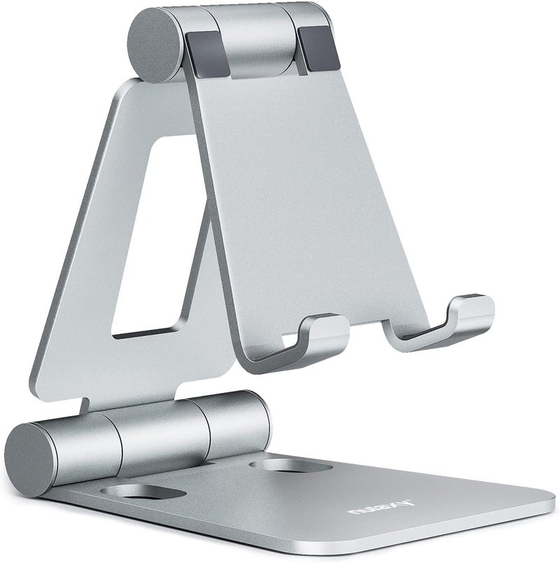 nulaxy Dual Folding Cell Phone Stand, Fully Adjustable Foldable Desktop Phone Holder Cradle Dock Compatible with iPhone 17 16 15 14 13 12 11 Pro Max Xs Xr X 8, Nintendo Switch, All Phones - Silver - Image 1
