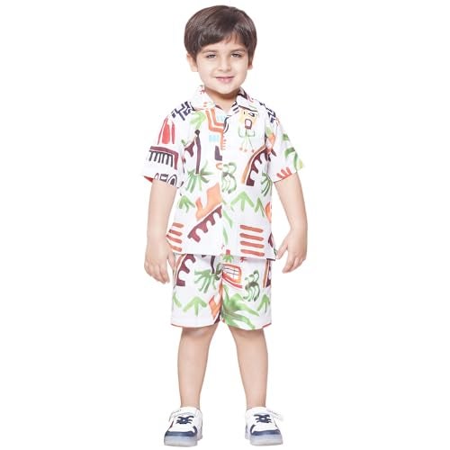AJ DEZINES Kids White Color Cotton Shirt Shorts Half Sleeves Floral Printed CO-ORDS Set for Boys (CO-1002-White-1) - Image 1