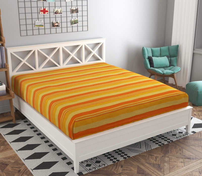 RANGBHAR Handloom Cotton Single Bedsheet Without Pillow Covers, Woven Striped Bedcover, 60 x 90 inch, Yellow,210 TC - Image 2