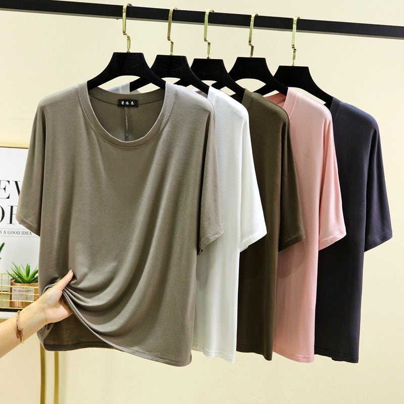 Modal Thin Loose Short-Sleeved T-Shirt Women'S Round Neck Plus Size Half-Sleeved Top White Summer Base Shirt - Image 2