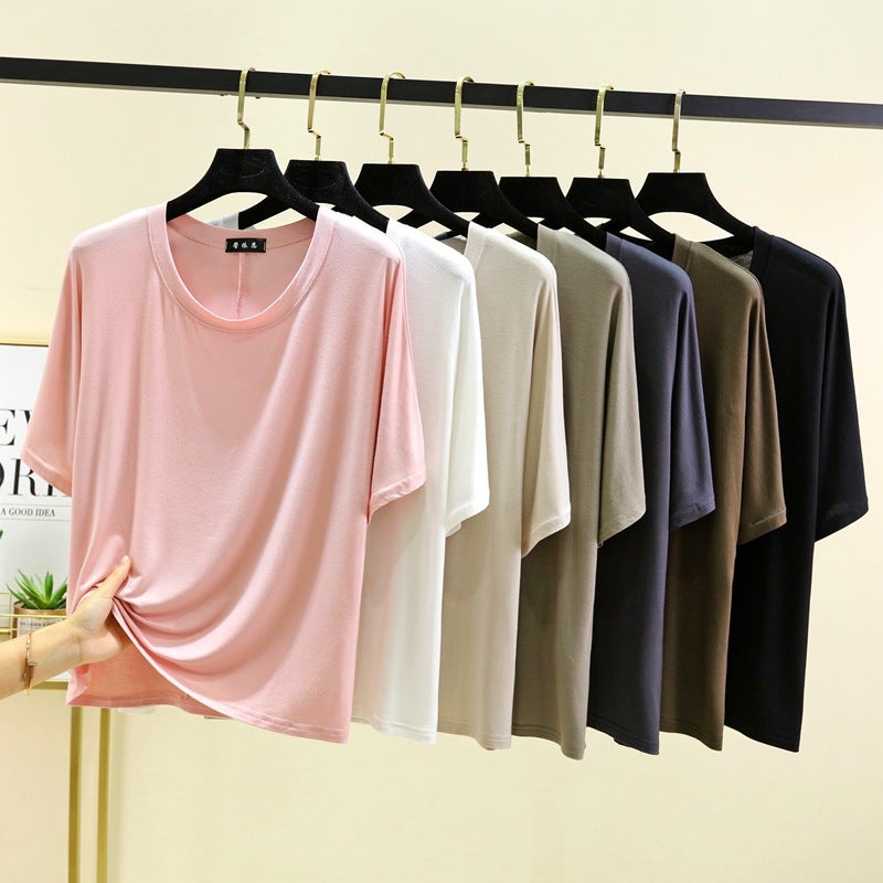 Modal Thin Loose Short-Sleeved T-Shirt Women'S Round Neck Plus Size Half-Sleeved Top White Summer Base Shirt - Image 3