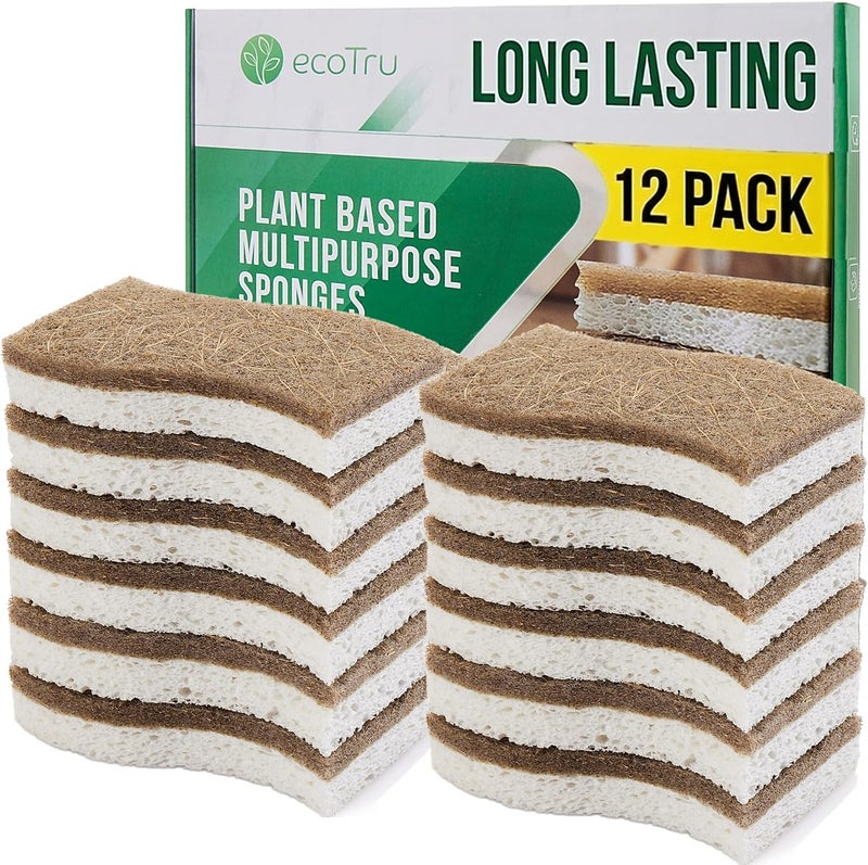 ecotru 12 Pack Natural Kitchen Sponges, Compostable White Cellulose & Organic Coconut Scrubber Sponge for Washing Dishes, Kind Eco Friendly Non Toxic & Biodegradable Dishwashing Sponges - Image 1