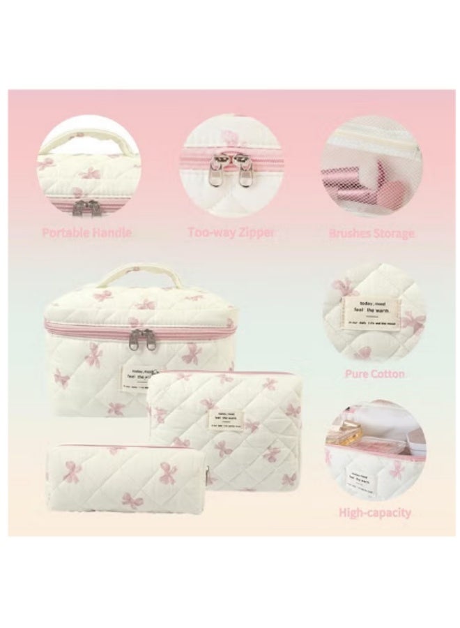 3PCS Quilted Makeup Bag Set Cute Beauty Makeup Bag Large Capacity for Travel Toiletry Women Girls (White-pink Bow) - Image 2